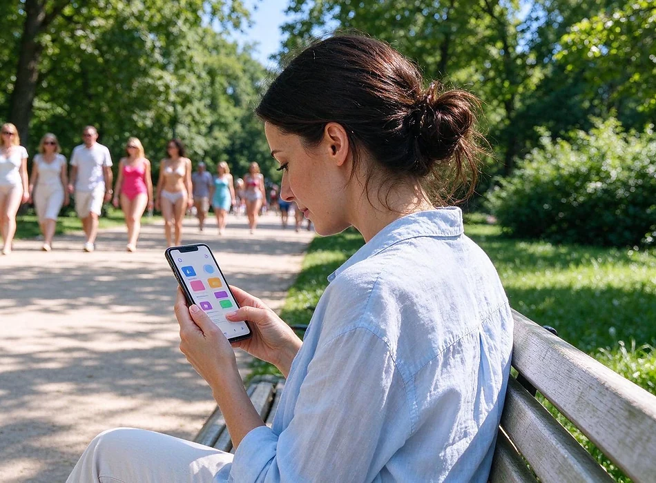 אישה יושבת על ספסל בפארק ומעדכנת פרופיל היכרות בטלפון